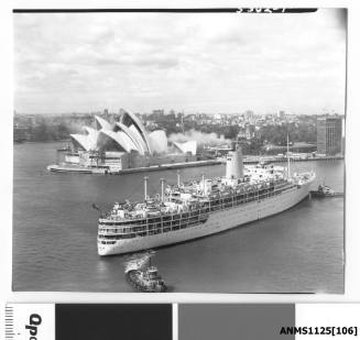 P&O liner IBERIA being turned around for departure with the nearly completed Sydney Opera House in the background