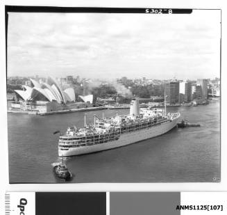 P&O liner IBERIA being turned around for departure with the nearly completed Sydney Opera House in the background