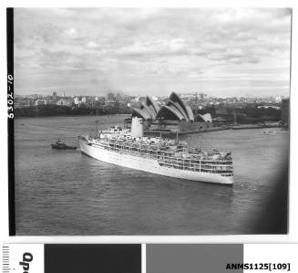 P&O liner IBERIA preparing to depart from Sydney with Bennelong Point and Sydney Opera House seen off the starboard bow