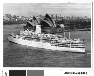 P&O liner IBERIA departing Sydney and about to pass the Sydney Opera House which is still under construction