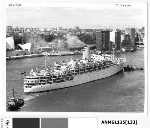 Departing P&O liner IBERIA being turned around in Sydney Cove assisted by two tugboats including NARUNDA