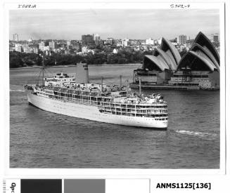 Departing P&O liner IBERIA passing Bennelong Point and the Sydney Opera House which is still under construction