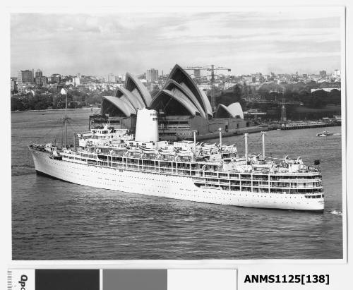 P&O liner IBERIA departing Sydney and passing the Sydney Opera House which is still under construction