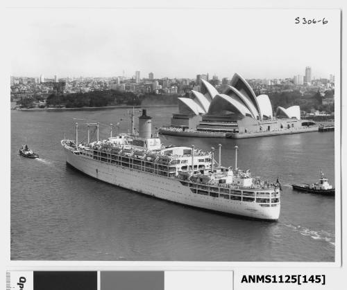 Departing P&O liner ORONSAY about to pass the Sydney Opera House assisted by two tugboats