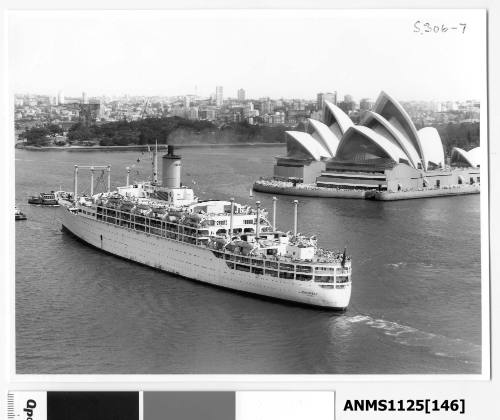 P&O passenger liner ORONSAY departing Sydney, passing Bennelong Point and Sydney Opera House