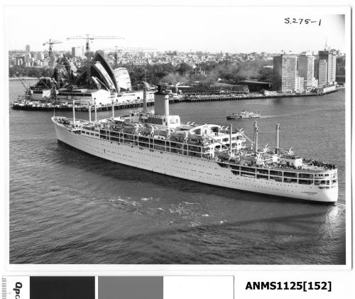 Departing P&O liner ORONSAY about to pass the Sydney Opera House which is under construction