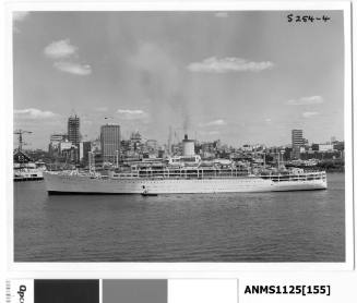 Departing P&O liner ORONSAY about to pass the Sydney Opera House (under construction)