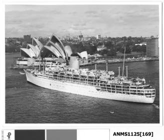 P&O liner ARCADIA departing Sydney with the Sydney Opera House (under construction) visible