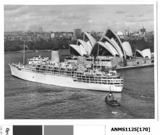 P&O liner ARCADIA departing Sydney passing Bennelong Point and the construction of the Sydney Opera House