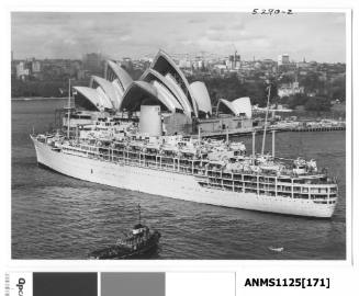 Departing P&O liner ARCADIA passing Bennelong Point and the Sydney Opera House which is under construction