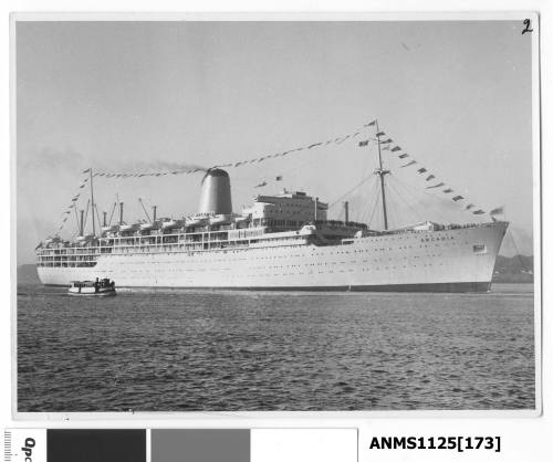 P&O passenger liner ARCADIA arriving in Sydney and dressed overall with flags