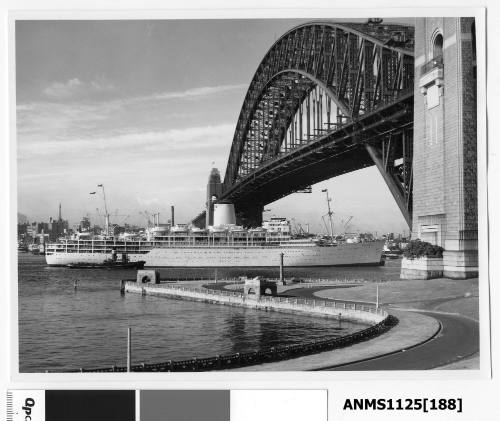 P&O liner ARCADIA arriving in Sydney assisted by two tugs and passing under the Sydney Harbour Bridge