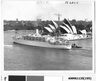 Departing P&O liner ORSOVA passing the construction of the Sydney Opera House which is nearing completion