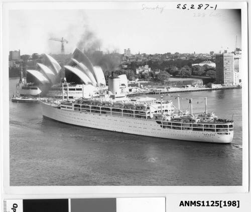 Departing P&O liner ORSOVA about to pass the Sydney Opera House which is still under construction