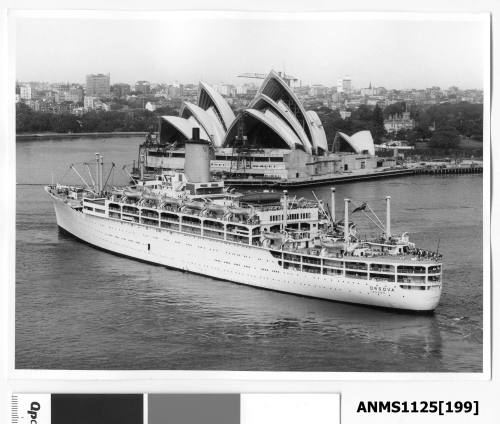 P&O passenger liner ORSOVA being turned around at the entrance to Sydney Cove by two tugs (not seen)