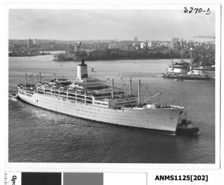 The Sydney Opera House ‘sails’ can be seen in the early stages of construction in this image of  P&O liner ORSOVA entering Sydney Cove