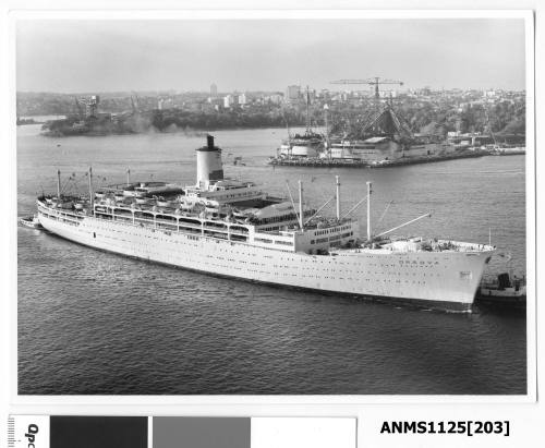 The Sydney Opera House ‘sails’ can be seen in the early stages of construction in this image of  P&O liner ORSOVA passing Bennelong Point