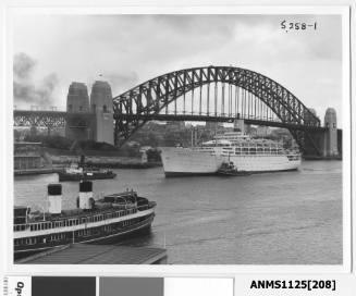 P&O liner ORSOVA entering Sydney Cove assisted by two tugs including WOONA, with the twin funnel ferry SOUTH STEYNE seen in the foreground