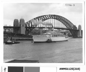 P&O liner ORSOVA preparing to berth at Circular Quay assisted by three small craft including the tug WOONA