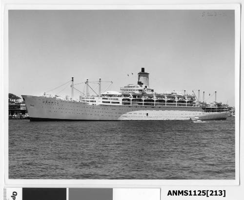 P&O liner ORSOVA in Sydney Harbour with a half-cabin powerboat with flying bridge passing on the port side