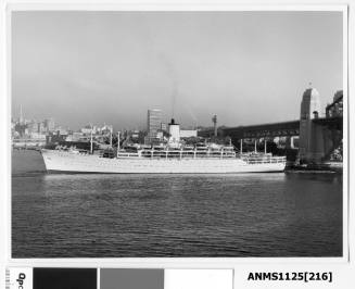 P&O liner ORSOVA in Sydney Harbour with a tug (not shown) pulling on the bow rope a second tug pulling at the the liner’s stern