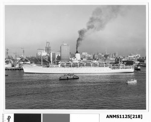 Departing P&O liner ORSOVA assisted by two tugs and passing the Sydney Opera House (under construction)