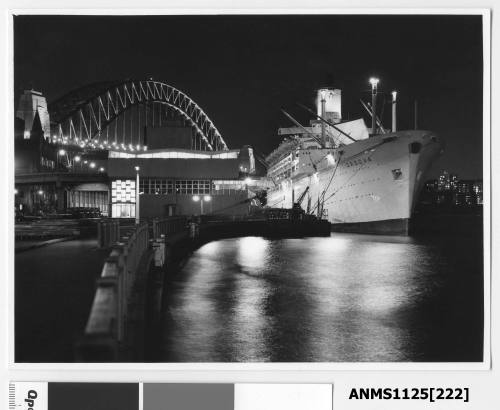 Evening view of P&O liner ORSOVA moored at Circular Quay with the Sydney Harbour Bridge in the background