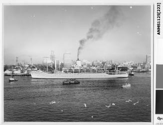 P&O liner ORSOVA passing the Sydney Opera House (under construction) with bow and stern tugs departing having released their tow lines