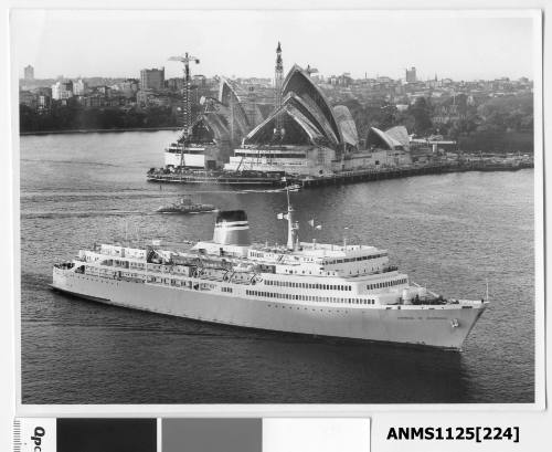 TSMV EMPRESS OF AUSTRALIA passing the Sydney Opera House (under construction)