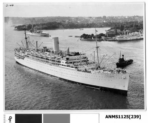 P&O liner STRATHEDEN arriving in Sydney and passing Bennelong Point with a tugboat seen off the liner’s port bow