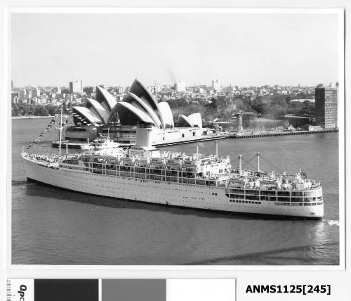 Departing P&O passenger liner HIMALAYA passes Bennelong Point and the nearly complete Sydney Opera House