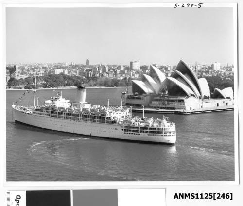 P&O liner HIMALAYA departing Sydney, passing Bennelong Point and the nearly completed Sydney Opera House