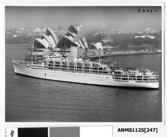 Outgoing P&O liner HIMALAYA passing Bennelong Point and the Sydney Opera House, with Government House immediately behind