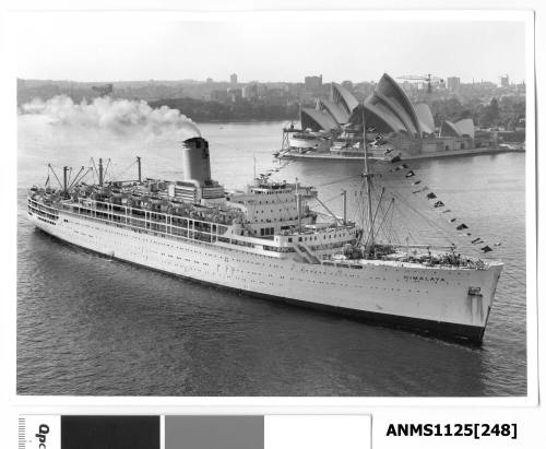 P&O passenger liner HIMALAYA arriving in Sydney and passing Bennelong Point and the Sydney Opera House