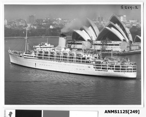 Departing P&O liner HIMALAYA passing Bennelong Point and the Sydney Opera House which is still under construction