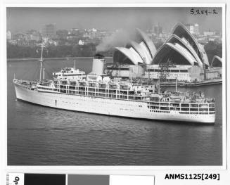 Departing P&O liner HIMALAYA passing Bennelong Point and the Sydney Opera House which is still under construction