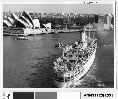 P&O passenger liner HIMALAYA being turned around for departure by several tugboats at the entrance to Sydney Cove