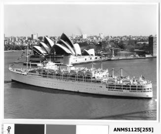 Outgoing P&O liner HIMALAYA crossing the entrance to Sydney Cove with the Sydney Opera House seen in the background