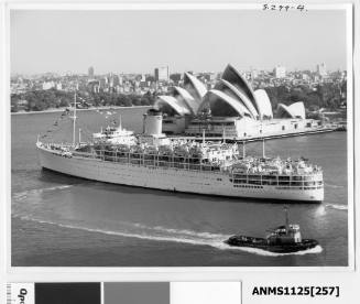 Outgoing P&O passenger liner HIMALAYA passing Bennelong Point and the Sydney Opera House