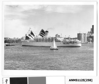 Departing P&O passenger liner HIMALAYA passing the Sydney Opera House with a tugboat having just released the liner's bow rope