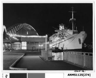 P&O passenger liner HIMALAYA at Circular Quay with the main arch of the Sydney Harbour Bridge seen in the background