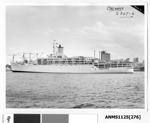 P&O liner ORCADES crossing the entrance to Sydney Cove with construction work on the Sydney Opera House seen off the liner’s starboard bow