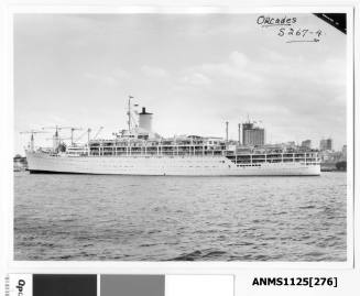 P&O liner ORCADES crossing the entrance to Sydney Cove with construction work on the Sydney Opera House seen off the liner’s starboard bow