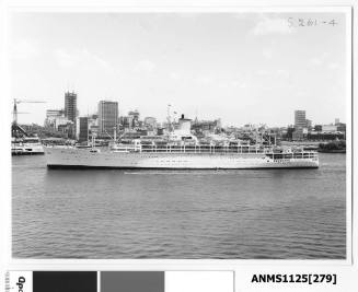 P&O liner ORCADES leaving Sydney with the Sydney Opera House under construction (seen centre left) and the Wharf sheds at Campbells Cove (centre right)