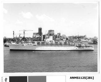 P&O liner ORCADES departing Sydney with the Sydney Opera House (under construction) visible and the liner GALILEO GALILEI moored at Circular Quay