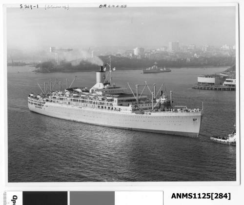 P&O liner ORCADES arriving in Sydney assisted by two tugs and passing the Sydney Opera House which is in the early stages of construction