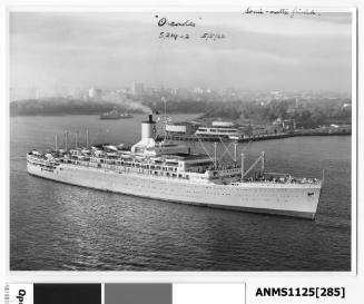 P&O liner ORCADES arriving in Sydney and passing Bennelong Point and the Sydney Opera House which is under construction