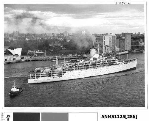 P&O passenger liner ORCADES departing Sydney with a tugboat pulling on the liner’s stern rope