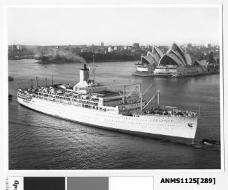 P&O liner ORCADES arriving in Sydney being assisted by two tugs, with the Sydney Opera House (nearing completion) visible in the background