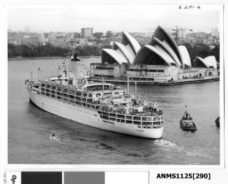 P&O liner ORCADES departing Sydney with the Sydney Opera House (construction nearing completion) visible in the background